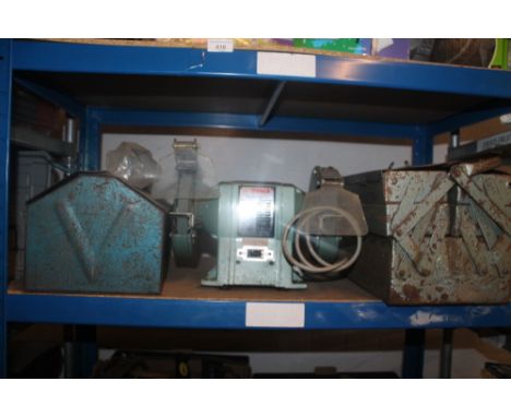 TWO TOOLBOXES AND CONTENTS TOGETHER WITH A BENCH GRINDER 