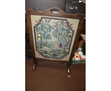 AN OAK FRAMED TAPESTRY FIRE SCREEN
