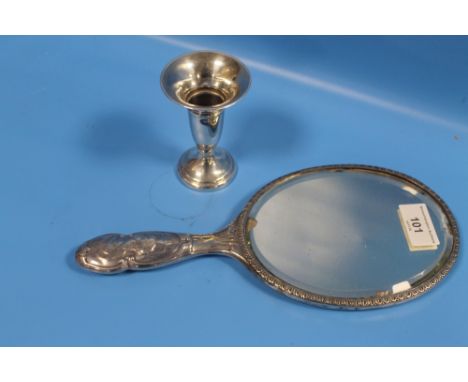 A HALLMARKED SILVER DRESSING TABLE MIRROR TOGETHER WITH A CANDLE STICK HOLDER