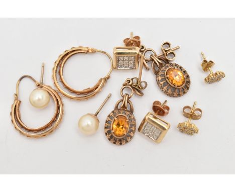 FIVE PAIRS OF EARRINGS, to include a pair of cultured pearl stud earrings, a pair of hinged hoop earrings, a pair of square d