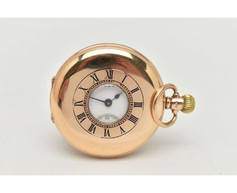 A 9CT GOLD, 'WALTHAM' HALF HUNTER POCKET WATCH, manual wind, round white dial signed 'Waltham U.S.A', Roman numerals, subsidi