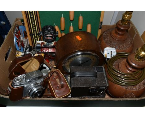 ONE BOX OF MISCELLANEOUS SUNDRIES, to include a chrome 'Jaguar' car mascot mounted on a wooden plinth, a pair of painted cast