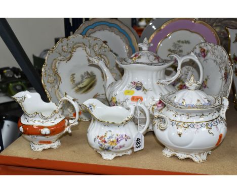 A SMALL COLLECTION OF MOSTLY VICTORIAN PORCELAIN TEA WARES AND DESSERT PLATES, including an early 19th century relief moulded