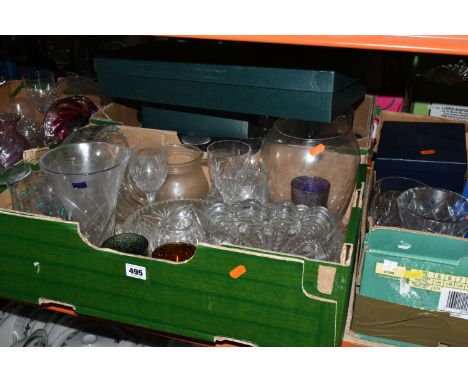 FOUR BOXES OF GLASSWARE, to include a Royal Worcester Crystal vase, height 23.5cm, a Wedgwood Crystal bowl, a pair of pink wa