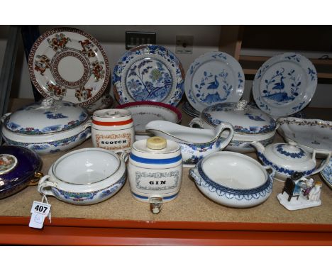 A GROUP OF CERAMICS, comprising two 19th century Delft Ware dishes decorated with a blue floral design and central duck, an 1
