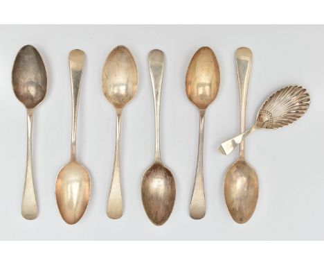 A SET OF SIX SILVER TEASPOONS AND A CADDY SPOON, six old English pattern teaspoons, each hallmarked 'John Round &amp; Son Ltd