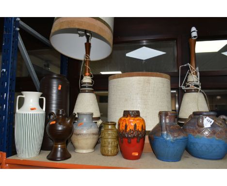 A GROUP OF MID-CENTURY STUDIO POTTERY VASES AND A PAIR OF TABLE LAMPS, comprising a pair of large cream and brown banded tabl