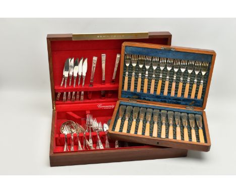 TWO WOODEN CANTEENS, the first a fish eater set complete with a twelve person table setting of EPNS and ivorine knives and fo