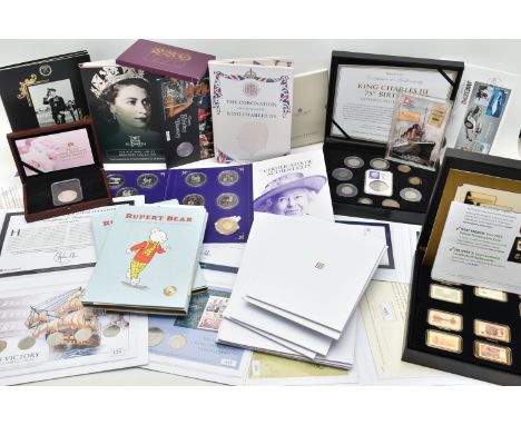 A QUANTITY OF COINS BY ROYAL MINT ETC, to include a Silver Proof £5 Diana 1999 in box coa, History of banknotes collection 23