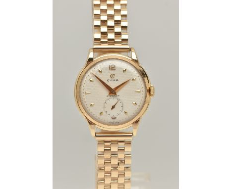 A GENTS 9CT GOLD 'CYMA' WRISTWATCH, manual wind, round textured cream dial signed 'Cyma', Arabic twelve with remaining baton 
