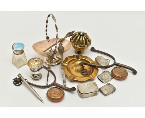 A BOX OF ASSORTED ITEMS, to include a silver and mother of pearl basket, twisted handle, on a round weighted base, hallmarked
