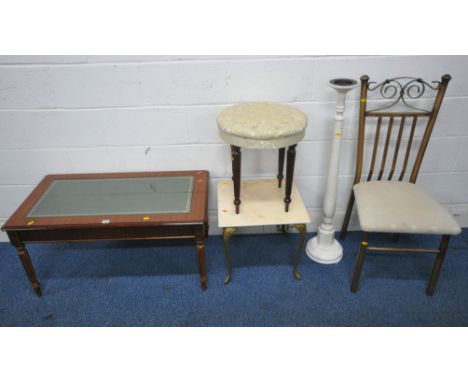 A MAHOGANY COFFEE TABLE, with green leather surface and glass insert, raised on tapered and fluted legs, width 96cm x depth 5