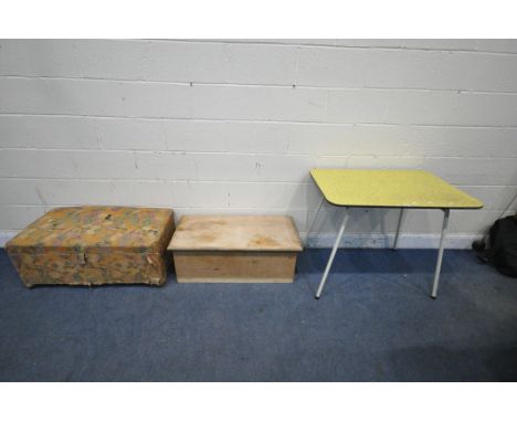 A MID CENTURY FORMICA TOP TABLE, width 90cm x depth 60cm x height 75cm, a low pine chest and a storage stool (condition repor