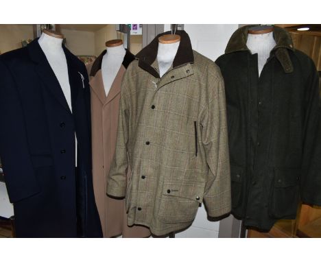 FOUR GENTLEMEN'S COATS, to include a Barbour 'Pure British Wool' style T68 jacket, size XL, a dark green 100% wool 'John Part