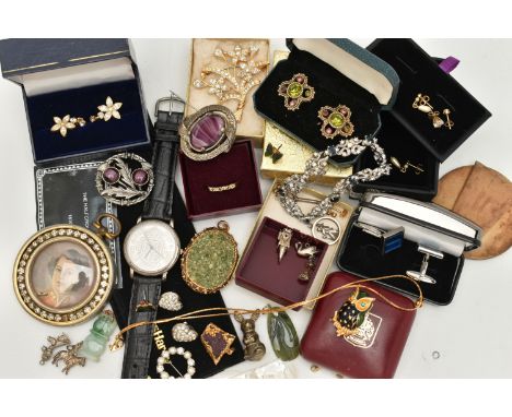 A SELECTION OF COSTUME JEWELLERY, to include brooches, pendants, a watch, earrings, cufflinks, charms, two jade pendant etc.