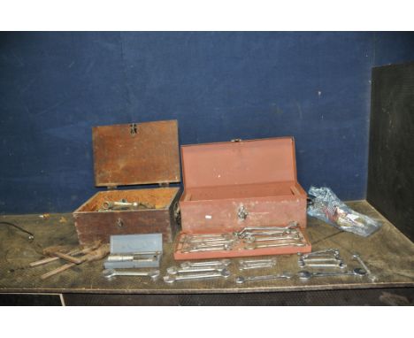 ONE METAL AND ONE WOODEN TOOLBOXES CONTAINING TOOLS including King Dick, Gordon, Williams and Bedford spanners, three Record 