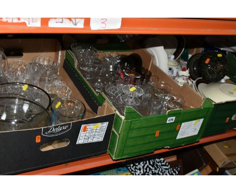 FOUR BOXES AND LOOSE MIXED GLASS AND CERAMIC KITCHENWARE to include a Mason Cash ceramic bird feeder, a quantity of tea sets 