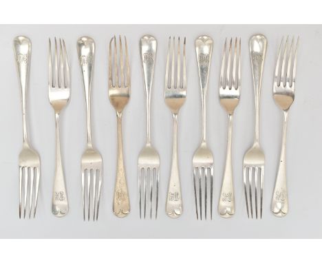 A SET OF TEN SILVER FORKS, old English pattern forks each with engraved initials to the terminals, hallmarked 'Wilmot Manufac