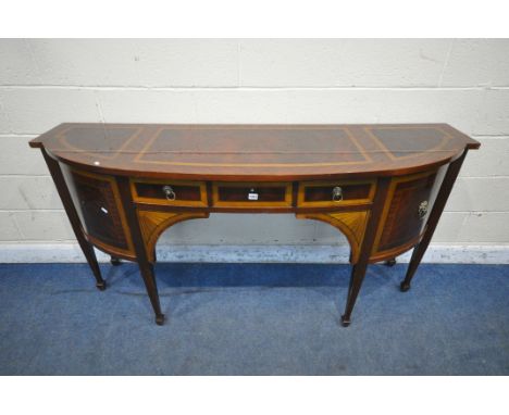 A REPRODUCTION MAHOGANY BOW FRONT SIDEBOARD, fitted with two cupboard doors, three drawers, raised on square tapered legs and