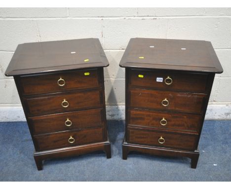A PAIR OF STAG MINSTREL FOUR DRAWER BEDSIDE CHESTS, width 53cm x depth 46cm x height 73cm (condition report: light marks and 
