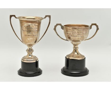 TWO SILVER TROPHY CUPS, the first engraved 'Hillstone School Gt Malvern Athletic Sports 1941 Victor Ludorum Anthony Fender' f