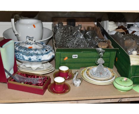 FIVE BOXES OF CERAMICS AND GLASSWARE, to include two Royal Winton candle holders and covered trinket box, Ivory Ware dinnerwa