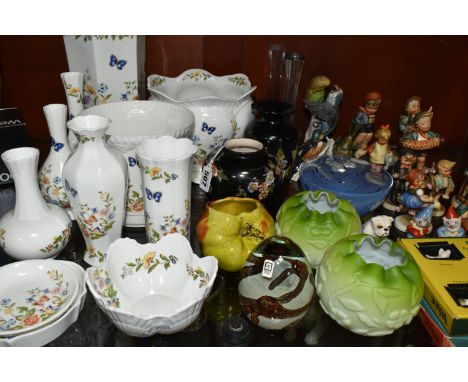 A COLLECTION OF CERAMICS AND GLASSWARE, to include two Bretby Pottery vases painted with birds and flowers on a black ground,