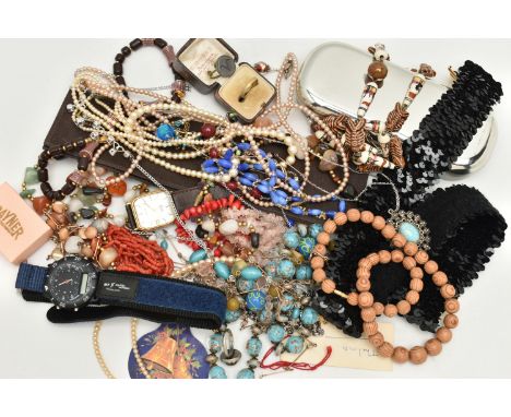 A SMALL ASSORTMENT OF COSTUME JEWELLERY, to include two coral bead necklaces, one fitted with a lobster clasp, the other with