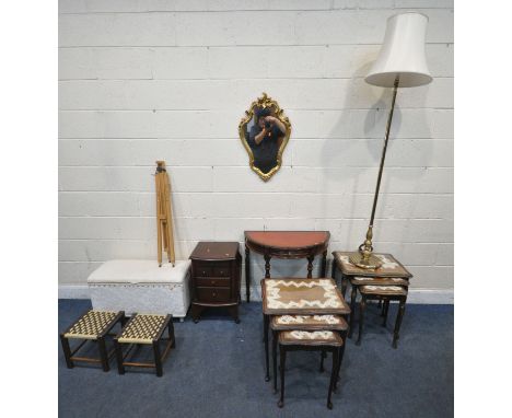 A SELECTION OF OCCASIONAL FURNITURE, to include a mahogany demi-lune side table, with a single drawer, two nest of three tabl