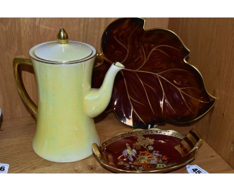A GROUP OF CARLTON WARE, comprising a Rouge Royale twin handled bowl decorated with a pagoda scene, a Rouge Royale leaf shape