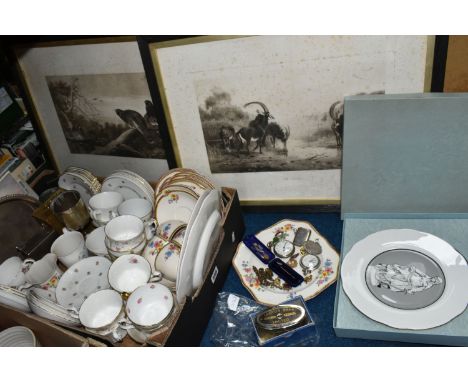 A BOX AND LOOSE CERAMICS, PICTURES, METALWARE AND SUNDRY ITEMS, to include a silver vesta case, hallmarked Birmingham 1918, s