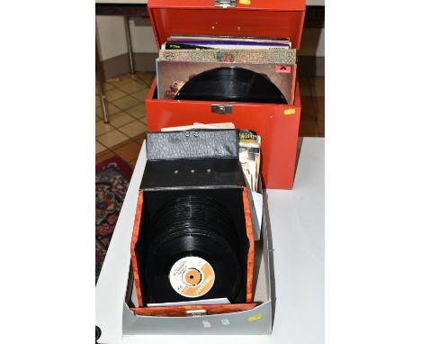 ONE BOX OF SINGLE 45RPM RECORDS AND A CASE OF L.P RECORDS, approximately seventy singles, artists include Buddy Holly, Villag