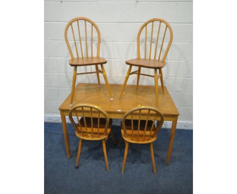 A LATE 20TH CENTURY RECTANGULAR TABLE, length 123cm x depth 69cm x height 72cm, along with a set of four Ercol elm and beech 