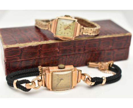 TWO LADIES EARLY TO MID 20TH CENTURY WRISTWATCHES, the first a manual wind watch, square discolored dial with alternating Ara