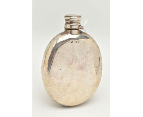 A LATE VICTORIAN SILVER HIP FLASK, oval polished form, hinged cover, twist lock mechanism, hallmarked 'William Summers' Londo