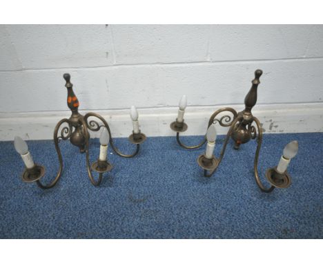 A PAIR OF BRASS THREE BRANCH WALL HANGING LIGHT FIXTURES, height 43cm, along with a matching five branch chandelier (conditio