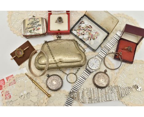 A BOX OF ASSORTED ITEMS, to include an AF 9ct gold ring, hallmarked 9ct Birmingham, ring size N, approximate gross weight 2.6