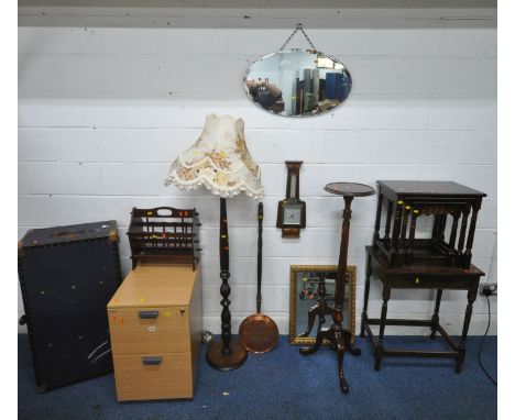 A MODERN BEECH TWO DRAWER FILING CABINET, a blue traveling trunk, a mahogany torcher stand, a magazine rack, a standard lamp,
