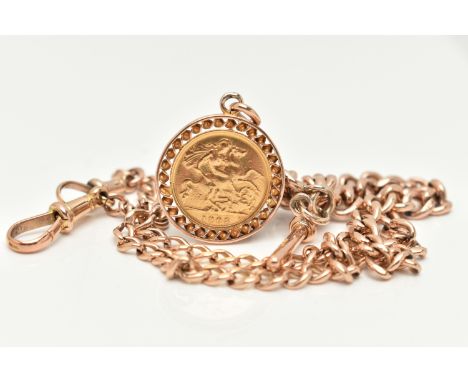 A 9CT ROSE GOLD DOUBLE ALBERT CHAIN WITH HALF SOVEREIGN FOB, graduated Albert chain, most links stamped 9.375, fitted with tw