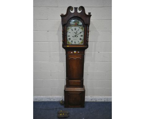 A 19TH CENTURY MAHOGANY EIGHT DAY LONGCASE CLOCK, the hood with twin swan neck pediment and turned supports, the arched glaze