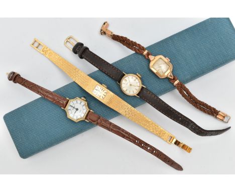FOUR LADIES WRISTWATCHES, to include a gold plated 'Omega' manual wind watch, movement signed 'Omega' caliber 244, 13265140, 