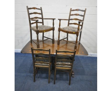 AN EARLY 20TH CENTURY OAK TRESTLE DINING TABLE, length 153cm x depth 76cm x height 75cm, along with a set of six ladder back 