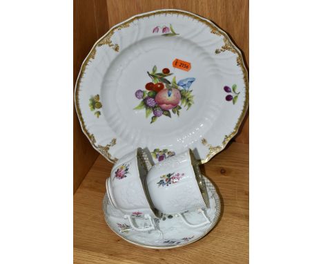 FOUR PIECES OF 18TH CENTURY ENGLISH PORCELAIN IN THE MEISSEN STYLE, comprising a trio of coffee cup, tea cup and saucer, each