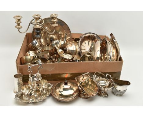 A LARGE BOX OF ASSORTED SILVER PLATE AND WHITE METAL WARE, to include various goblets, entree dishes, trays, sugar scuttle wi