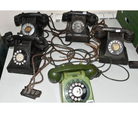 FIVE BAKELITE VINTAGE TELEPHONES to include four ATM L11560.C7 table telephones in black with original cables, a two-tone gre