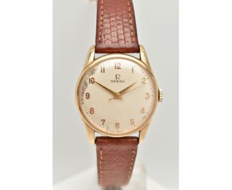 A GENTS 9CT GOLD 'OMEGA' WRISTWATCH, manual wind, round silvered dial signed 'Omega', Arabic numerals, polished case stamped 
