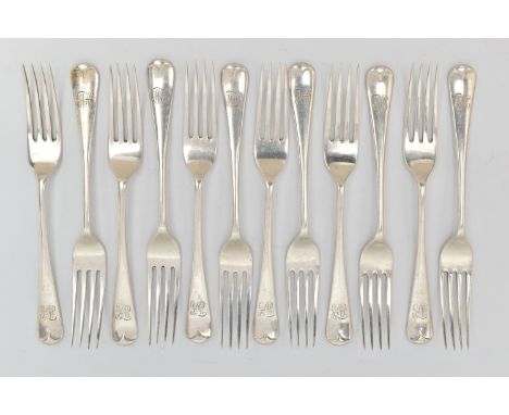 A SET OF TWELVE SILVER FORKS, old English pattern forks each with engraved initials to the terminals, hallmarked 'Wilmot Manu