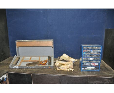 A VINTAGE WOODEN CARPENTERS TOOLBOX CONTAINING TOOLS, a hardware organiser containing electronic parts and a box containing e
