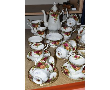 A ROYAL ALBERT 'OLD COUNTRY ROSES' PATTERN COFFEE SET AND TEAWARE, comprising a coffee pot, cream jug, sugar bowl, six cups a