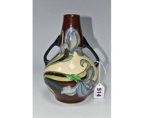 A FOLEY INTARSIO 'IRIS' PATTERN TWIN HANDLED VASE, model 3387, designed by Frederick Rhead, decorated with pale purple flag i